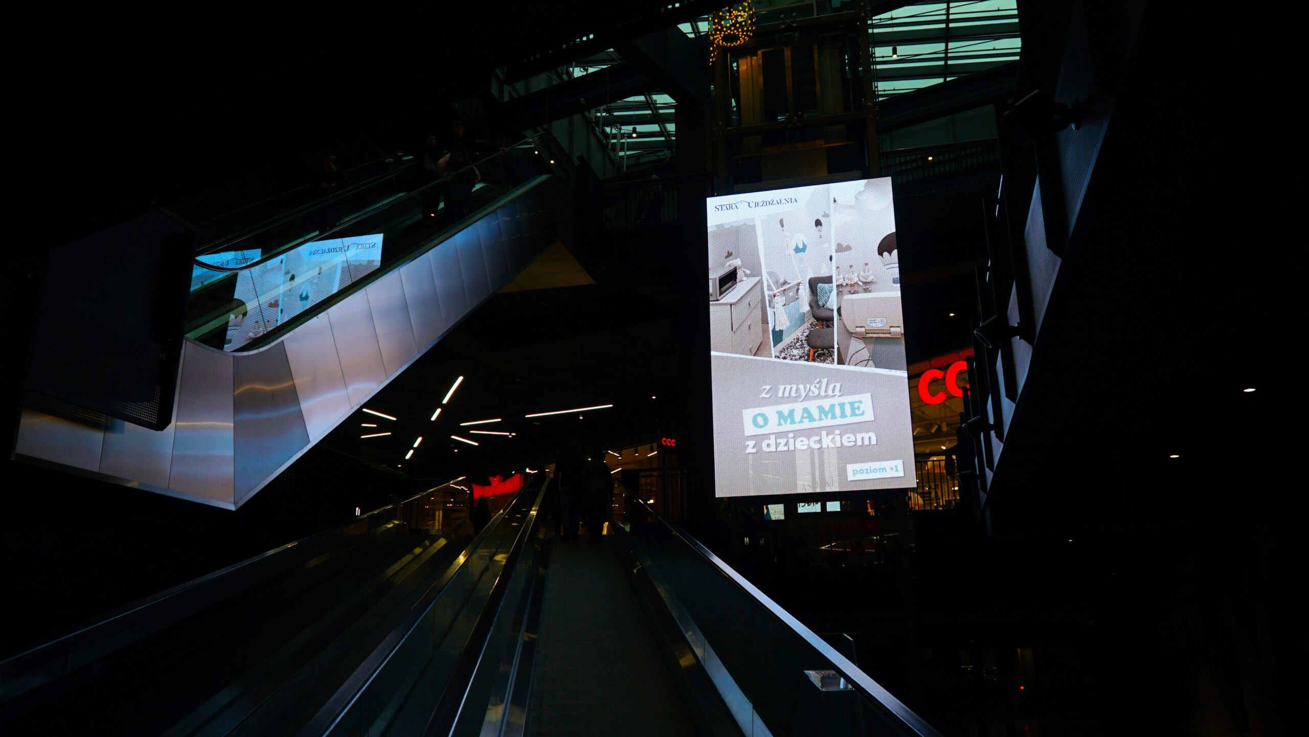 Transparenty ekran LedLIGHT umieszczony na przeszklonej windzie we wnętrzu Galerii Stara Ujeżdżalnia w Jarosławiu